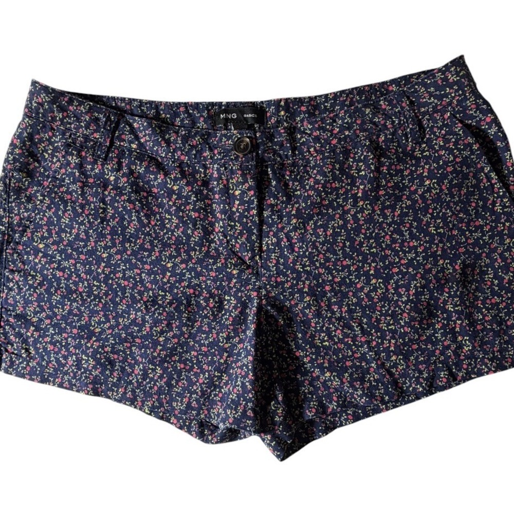 Mango MNG Basics Navy Blue Floral Chino Shorts Womens Size 8 Ditsy Print Summer